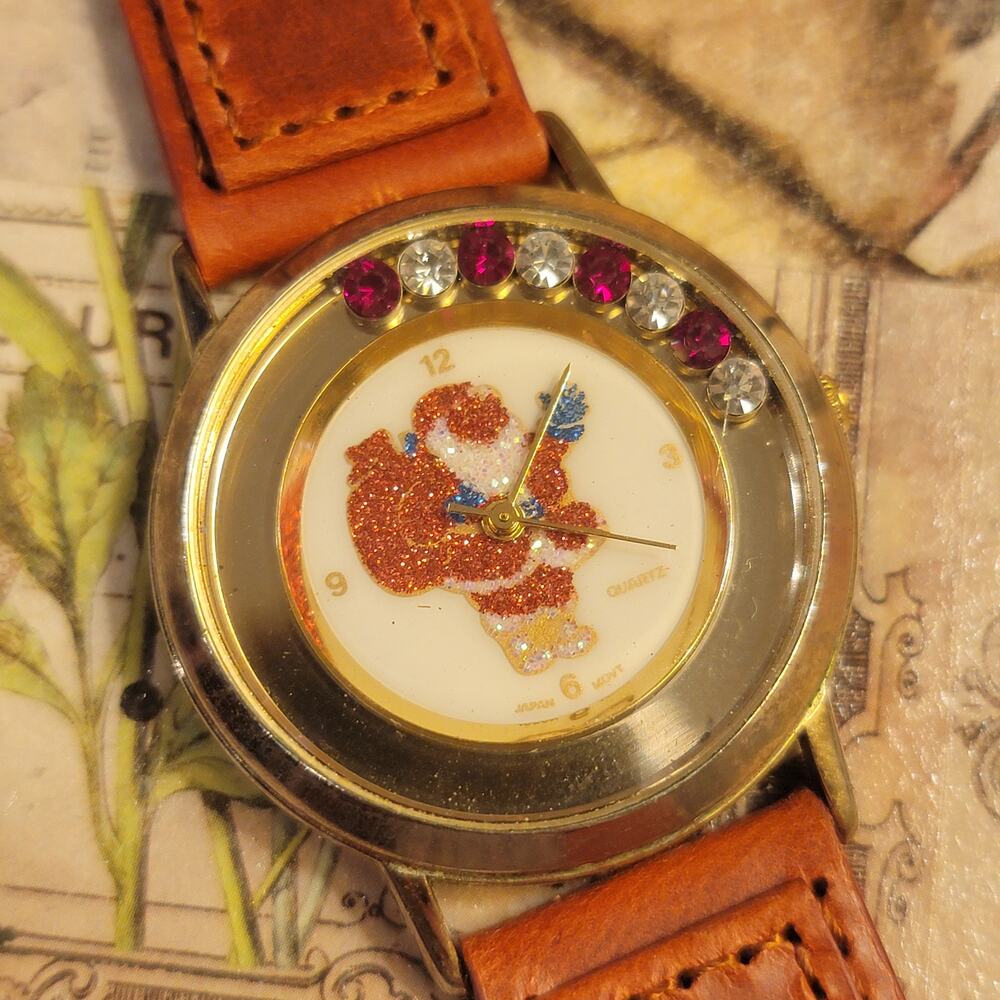Vintage Watches Servon Santa Watch Rhinestone Bezel Quartz Holiday Brown Strap